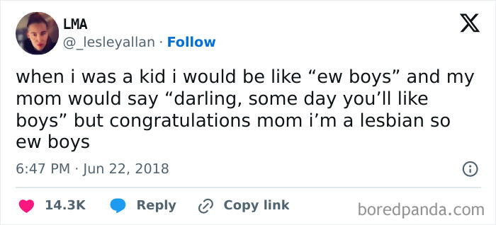 Funny tweet about childhood and being a lesbian meme