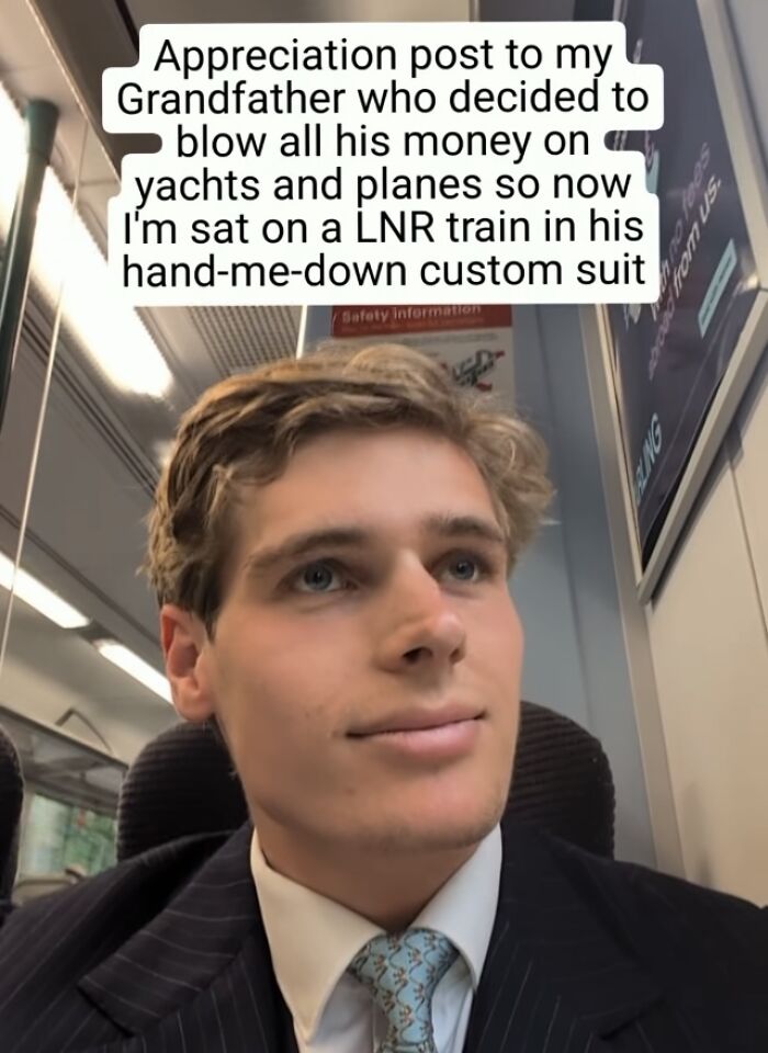 Man on LNR train wearing hand-me-down suit in financial dystopia