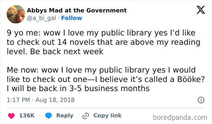 Tweet about loving the public library at different ages in growing up memes