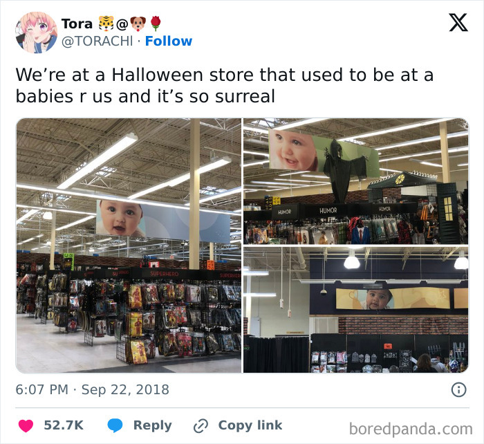 Photos of a Halloween store inside a former toy store from relatable Halloween tweets.