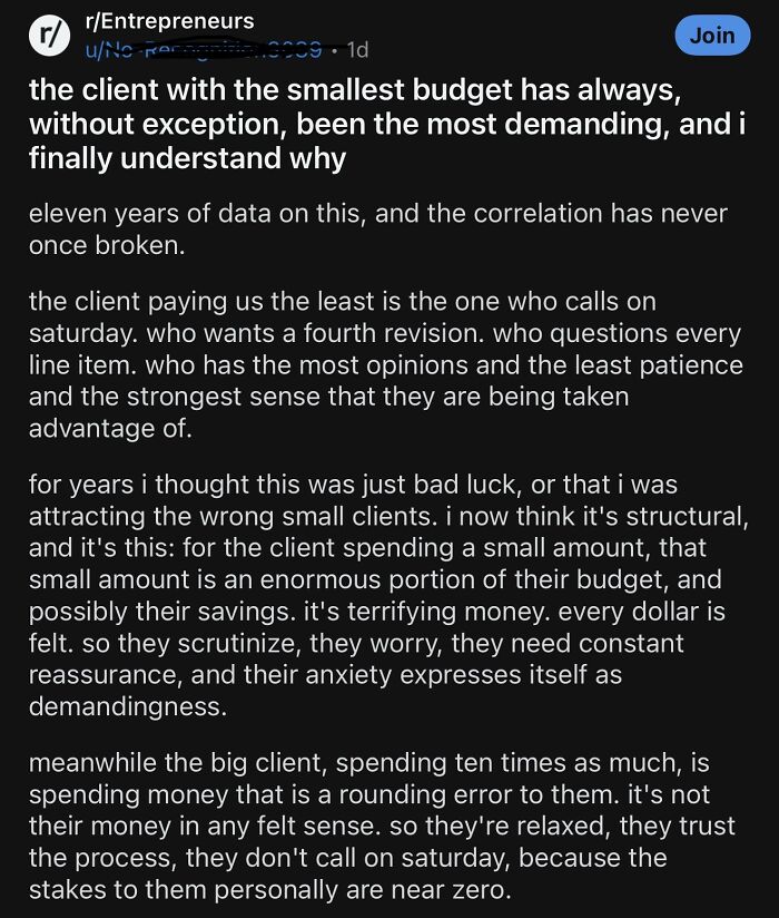 Financial dystopia discussing demanding clients with smallest budgets in entrepreneurship