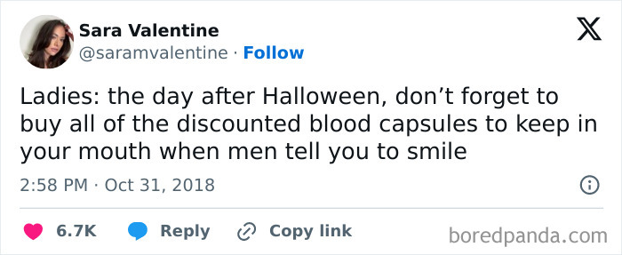 A post by Sara Valentine giving sarcastic advice for the day after Halloween, featured in hilarious Halloween Tweets.