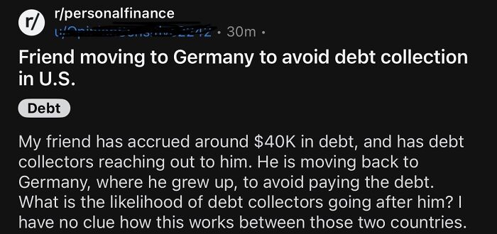 Financial dystopia about avoiding US debt collection by moving to Germany
