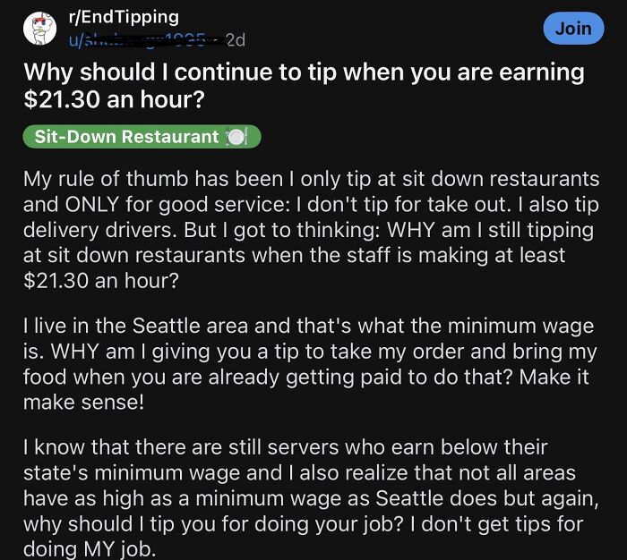 Financial dystopia post questioning tipping when staff earns $21.30 an hour