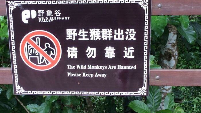 Outdoor warning sign with translation fail saying, The Wild Monkeys Are Haunted.