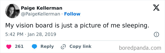 Tweet about vision board featuring a picture of sleeping for growing up memes