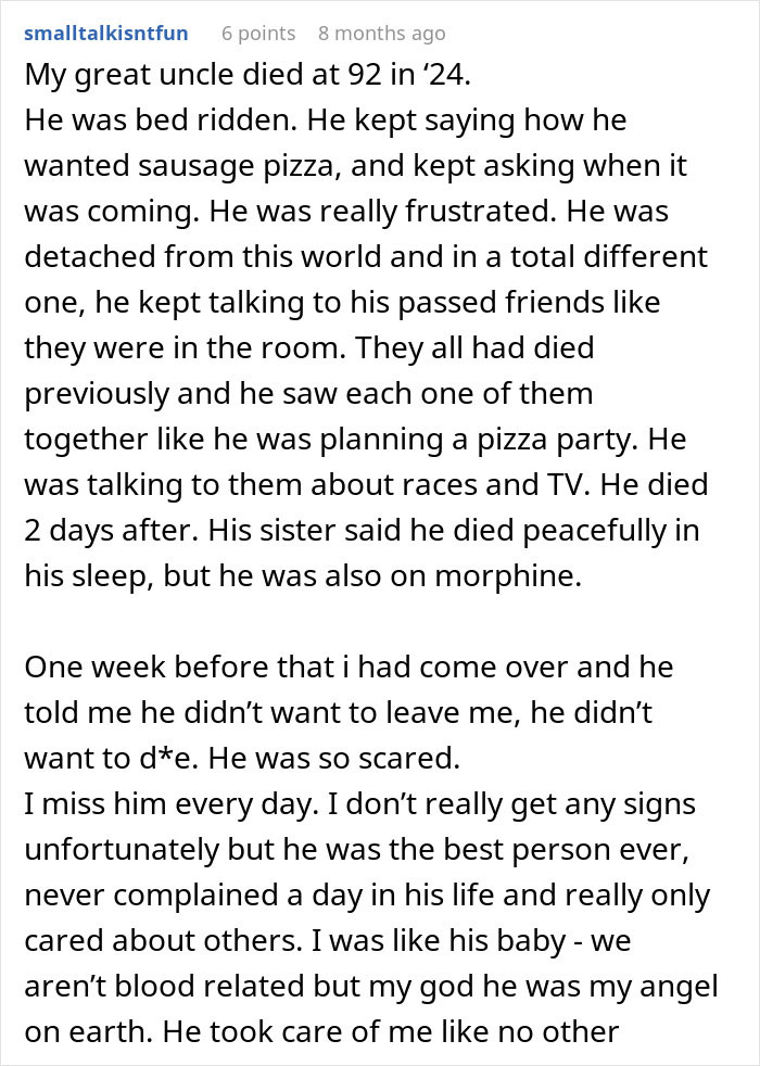 Screenshot of a story about a dying relative experiencing vivid visions during end-of-life care. Screenshot of a story about a dying relative experiencing vivid visions during end-of-life care.