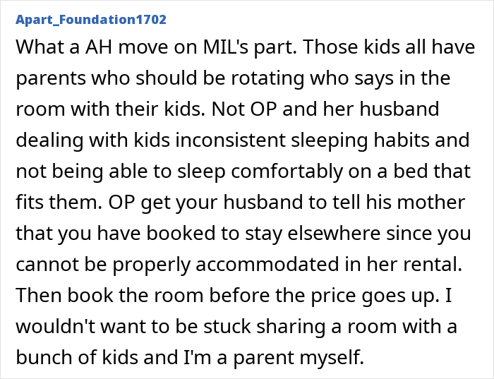 A comment advising a child-free couple to book another room instead of sharing a bunk room with kids. A comment advising a child-free couple to book another room instead of sharing a bunk room with kids.