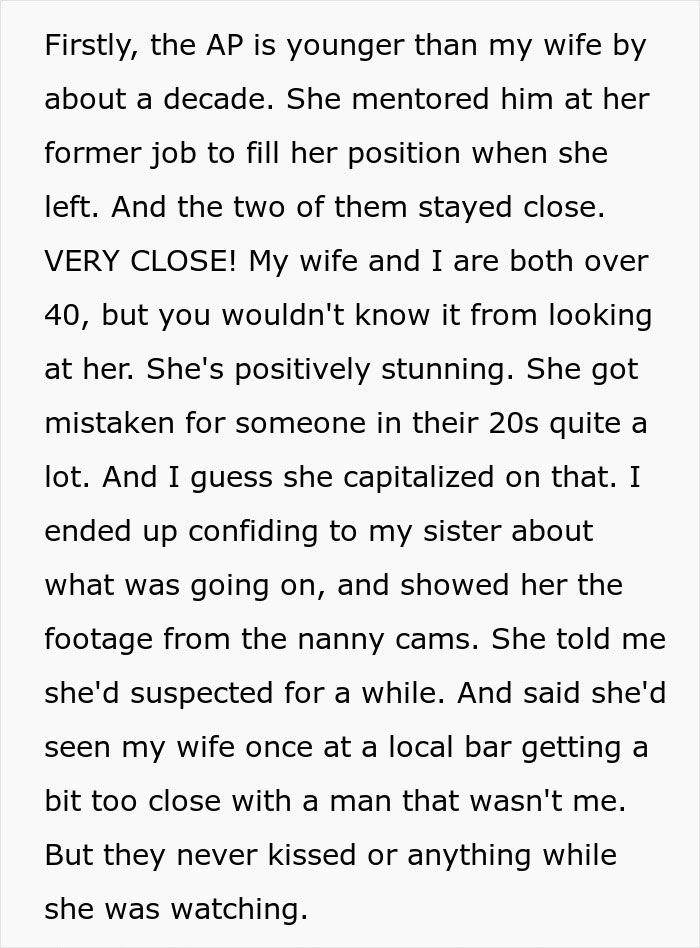 Screenshot of text discussing a secret affair involving a younger affair partner and evidence shown to family. Screenshot of text discussing a secret affair involving a younger affair partner and evidence shown to family.