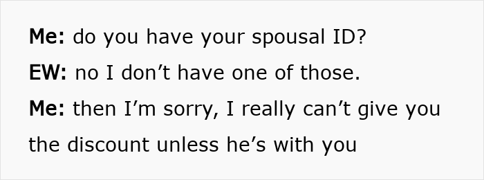 Text continuation where an employee denies a military discount to an entitled mom without proper ID. Text continuation where an employee denies a military discount to an entitled mom without proper ID.