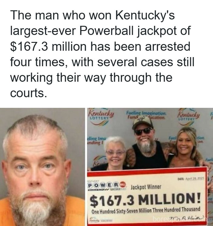Mugshot of a lottery winner alongside his winning announcement, illustrating creepy facts about wealth.