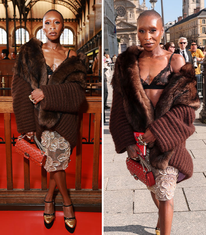 Cynthia Erivo wearing a fur coat and knit cardigan, showcasing unique fashion choices at Paris Fashion Week