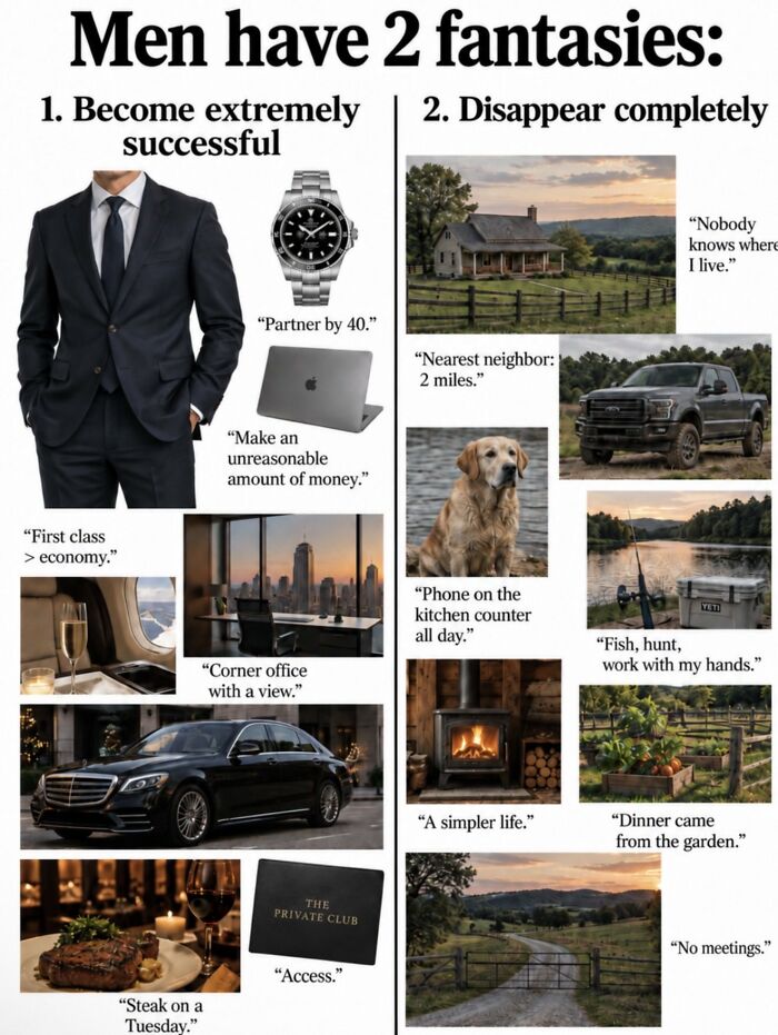 Men's fantasies about becoming extremely successful or disappearing completely with financial dystopia themes