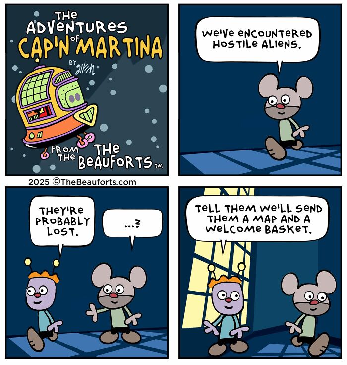Funny space comics featuring cartoon characters discussing hostile aliens with humor. Funny space comics featuring cartoon characters discussing hostile aliens with humor.