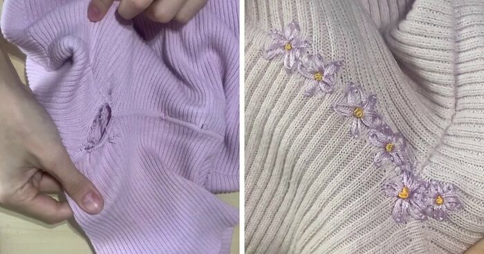 A torn purple sweater mended with embroidered purple flowers showing creativity.