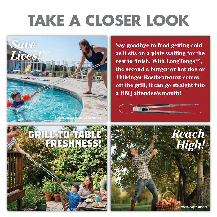 Detail photos on a hilarious gift box advertising ridiculous extended BBQ tongs Detail photos on a hilarious gift box advertising ridiculous extended BBQ tongs