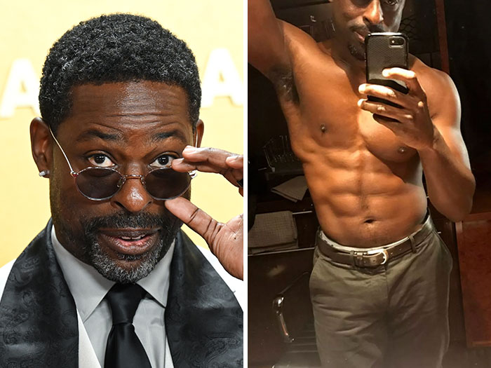 Sterling K. Brown posing stylishly on the left and shirtless on the right, nominated for Sexiest Man Alive