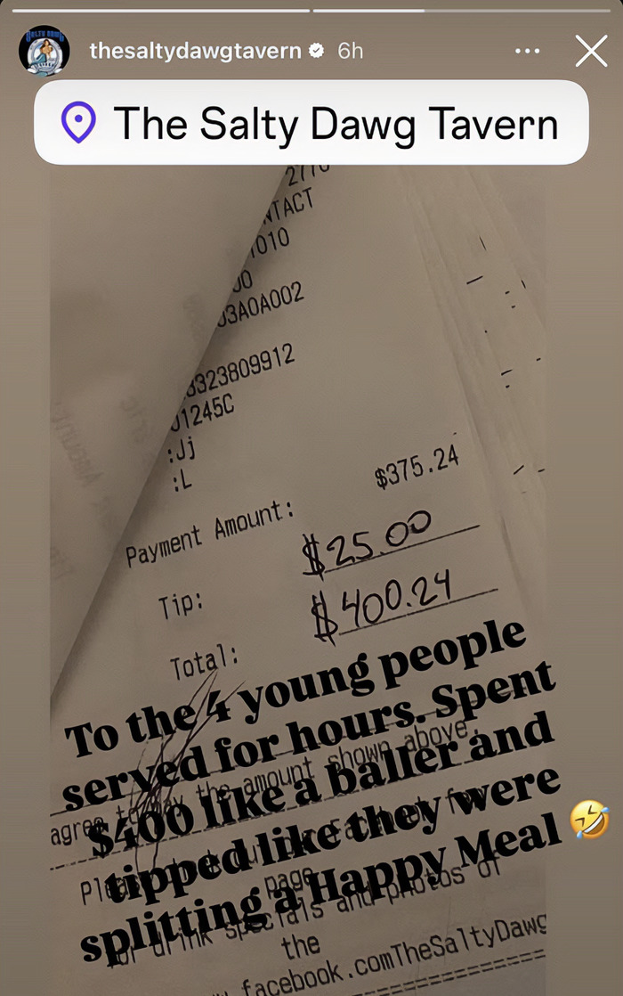 A receipt from a California bar showing a $25 tip on a $375 bill posted online to shames customers.