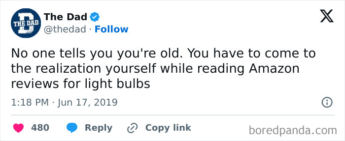 Funny meme about realizing you're old when reading Amazon reviews for light bulbs