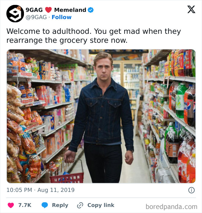 Meme about adulthood frustration with grocery store rearrangement