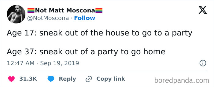Tweet comparing sneaking out at age 17 versus 37
