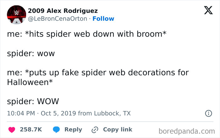 A post by 2009 Alex Rodriguez featuring a funny joke about spider webs and Halloween decorations for spooky season.