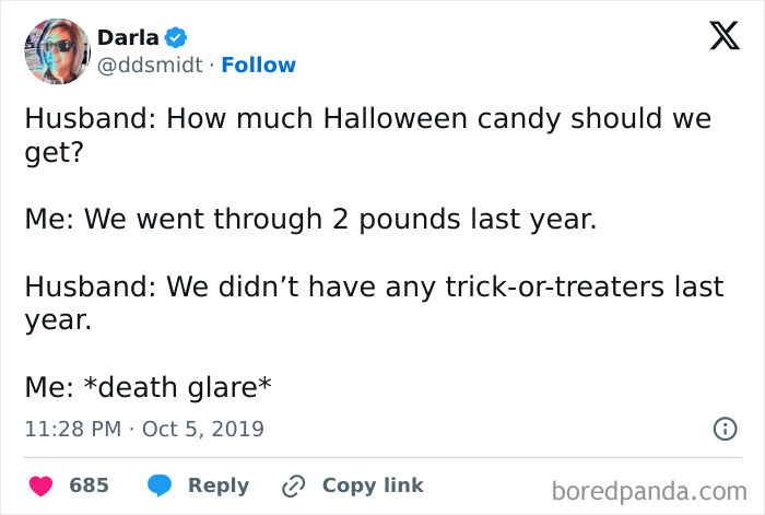 Funny social media post about eating two pounds of Halloween candy without trick-or-treaters during spooky season.