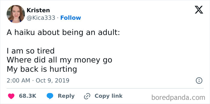 Tweet haiku about adulting feeling tired and back hurting with money gone