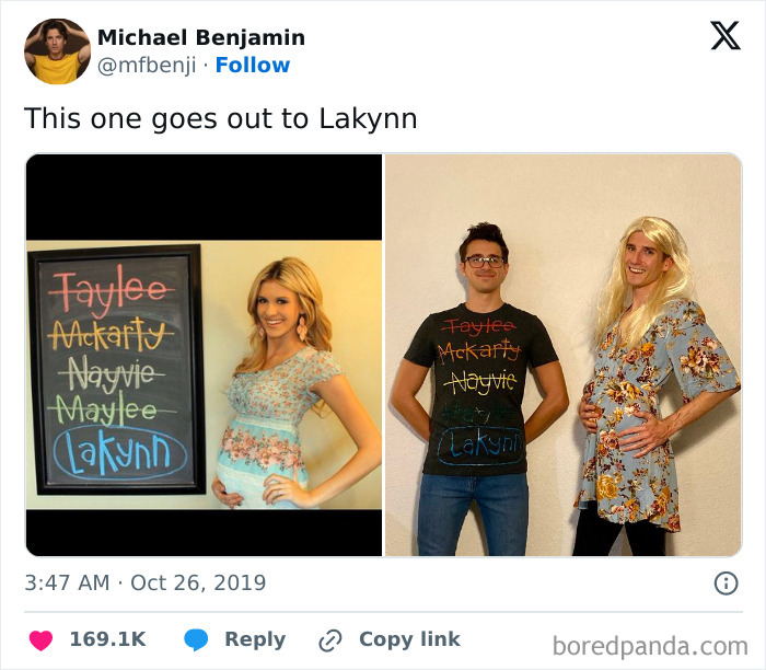Two men recreating a meme picture as a Halloween costume, featured in funny Halloween tweets.
