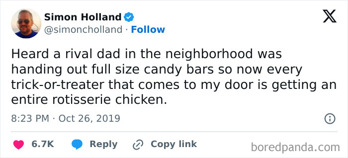 A funny post from Simon Holland about neighborhood rivalry with trick-or-treaters as part of Halloween Tweets.