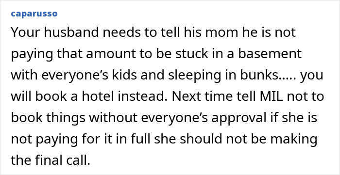 Online comment advising a child-free couple to book a hotel room rather than sharing a bunk room with kids. Online comment advising a child-free couple to book a hotel room rather than sharing a bunk room with kids.