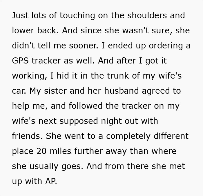 Screenshot of text about tracking a wife's secret affair using a GPS tracker Screenshot of text about tracking a wife's secret affair using a GPS tracker