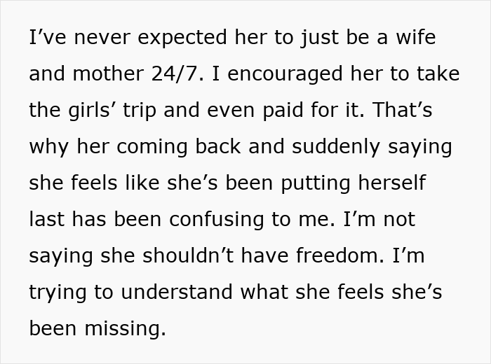 Text explaining a husband senses something is off after funding his wife’s girls’ trip.