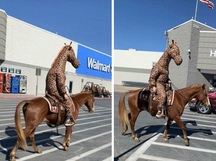 Person wearing giraffe costume riding horse outside Walmart store