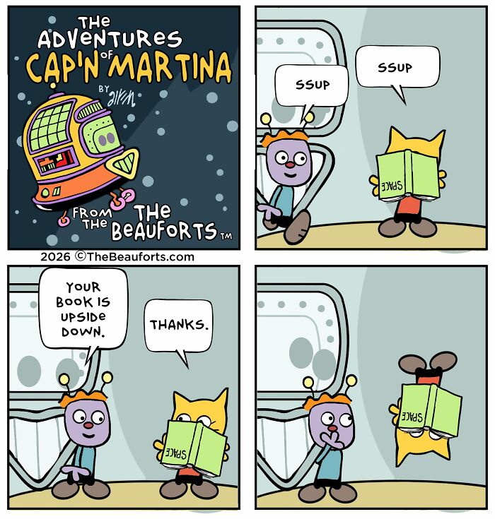 Funny space comics showing a character reading a book upside down in a cartoon format. Funny space comics showing a character reading a book upside down in a cartoon format.