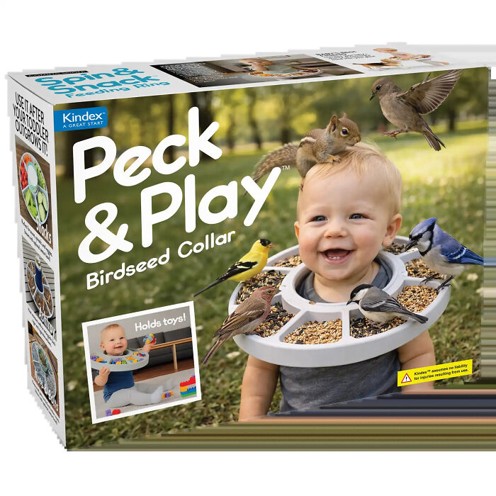 Front packaging of a hilarious gift box with a fake Peck and Play baby birdseed collar design. Front packaging of a hilarious gift box with a fake Peck and Play baby birdseed collar design.