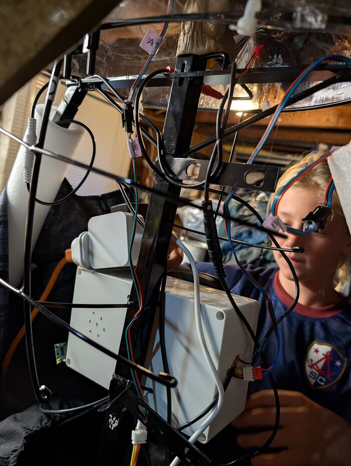A young girl adjusting internal wiring and electronics for a talking skeleton project. A young girl adjusting internal wiring and electronics for a talking skeleton project.