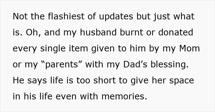 Reddit post text update about a husband getting rid of items given by his mom-in-law.