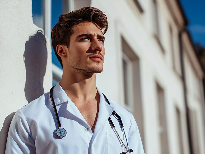 Young male doctor in white coat standing outside medical building