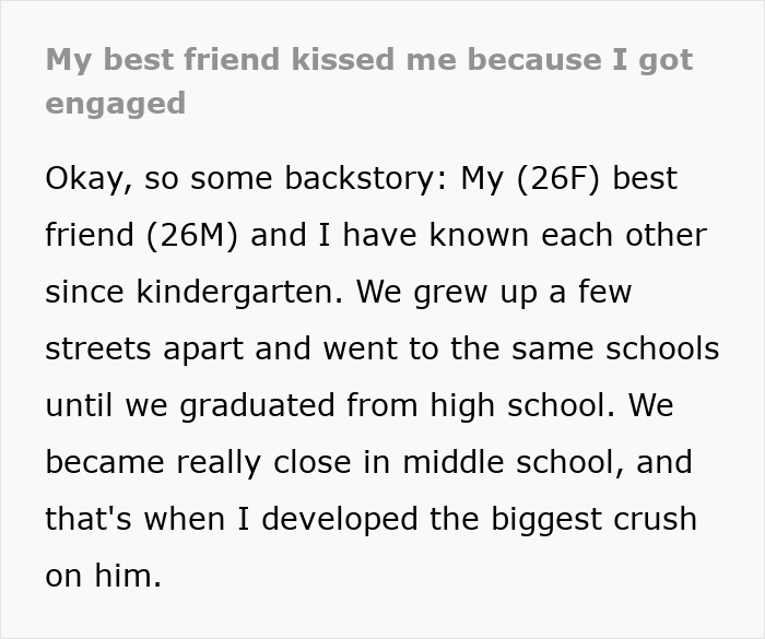 Social media post titled My best friend kissed me because I got engaged detailing their childhood history. Social media post titled My best friend kissed me because I got engaged detailing their childhood history.