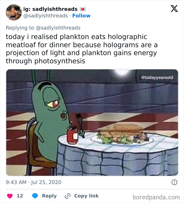Funny biology meme about plankton eating holographic meatloaf and photosynthesis