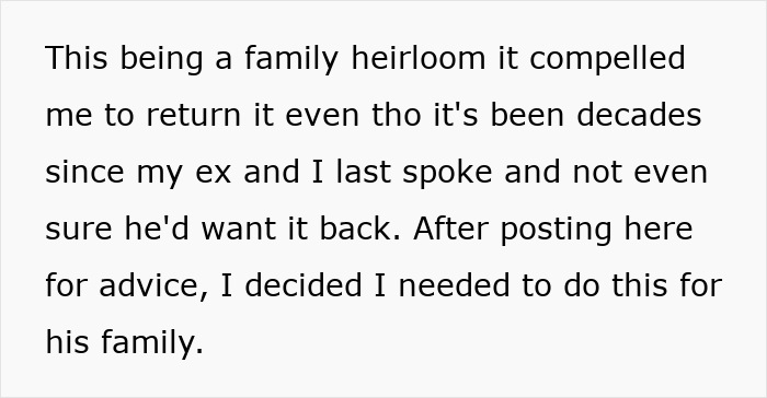 Text post describing the choice to return a cherished family heirloom after decades apart from an ex-husband Text post describing the choice to return a cherished family heirloom after decades apart from an ex-husband