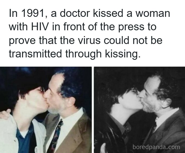 A doctor kissing a woman with HIV shown in color and black and white photographs