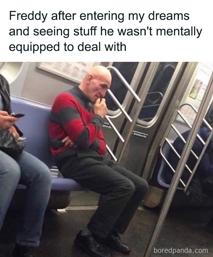 A thoughtful man on a subway wearing a striped sweater, from edgy memes.