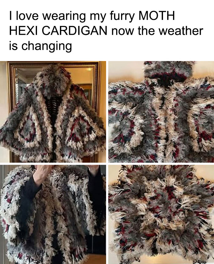 Four photos showing a bulky, multi-colored furry moth cardigan as hilarious art projects.