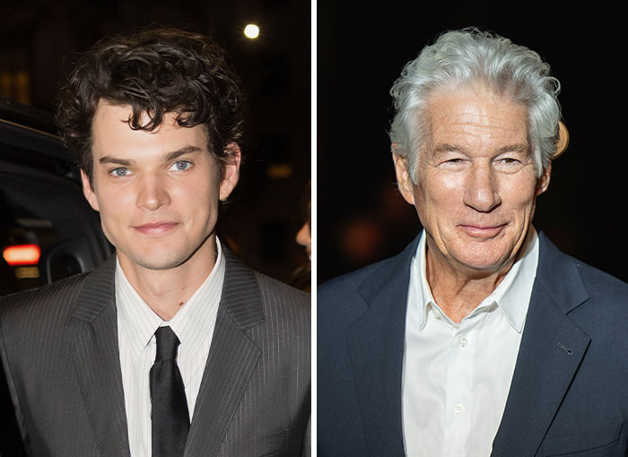 Side-by-side photo of Homer James Jigme Gere alongside father Richard Gere, prominent nepo babies in Hollywood.