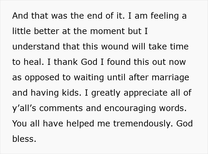 Text post update from woman after discovering truth on phone during boyfriend heart surgery.
