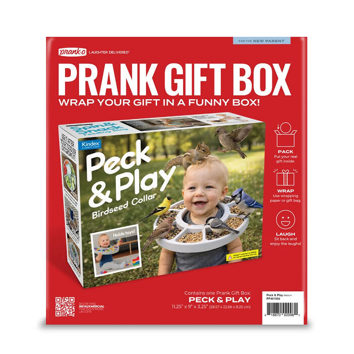 Prank gift box featuring a fake product design for a baby bird feeder collar. Prank gift box featuring a fake product design for a baby bird feeder collar.