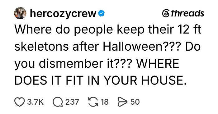 Funny Halloween posts thread asking where people store giant 12 ft skeleton decorations after spooky season.