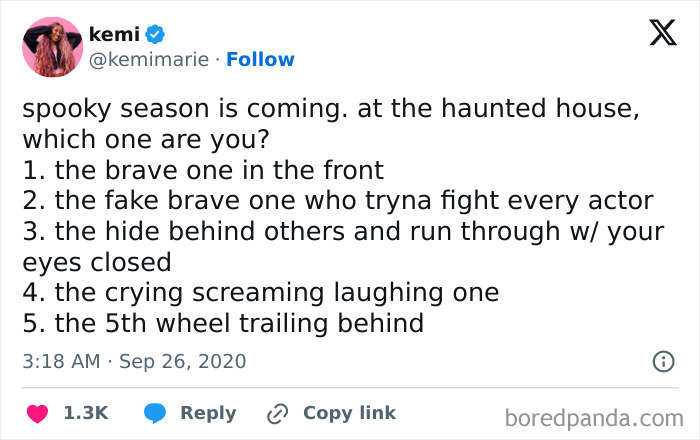 Spooky season tweet listing five hilarious relatable types of people at a haunted house.